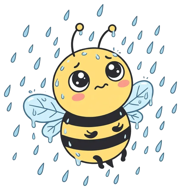 Sad cartoon bee caught in the rain