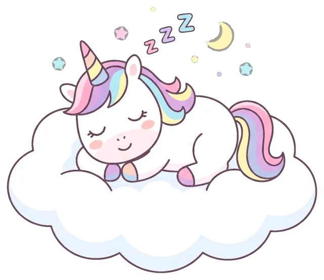 Sleeping unicorn on a cloud with stars and moon