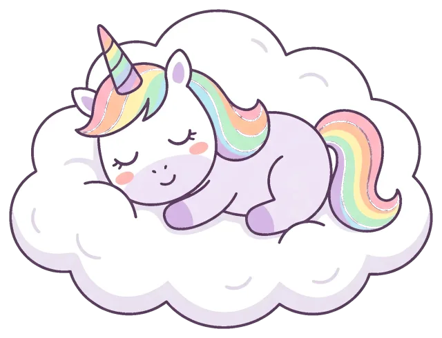 Sleeping unicorn with rainbow mane on a fluffy cloud