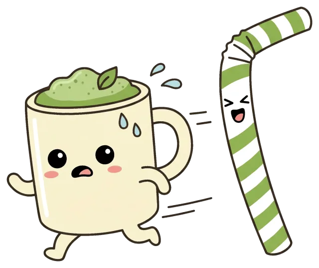 Cute animated matcha latte cup running from happy striped straw