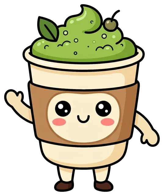 Cute cartoon matcha latte cup character with smiling face