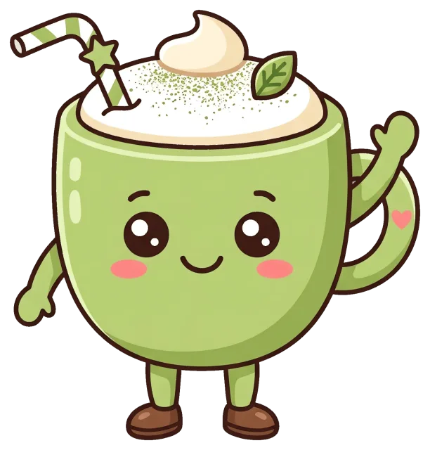 Cute cartoon matcha latte cup with smiling face and whipped cream