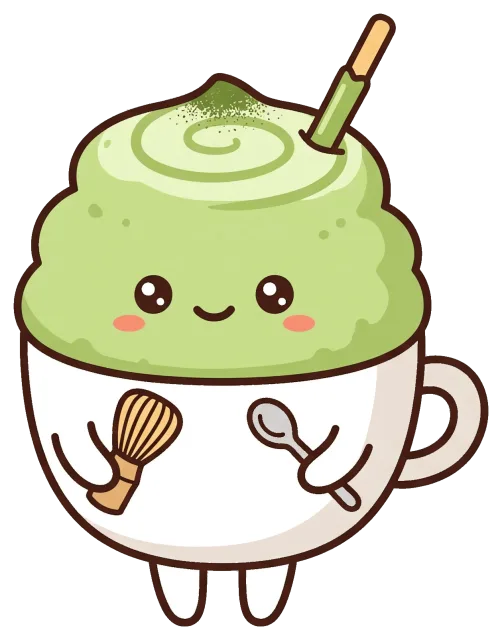 Cute matcha latte character with whisk and spoon
