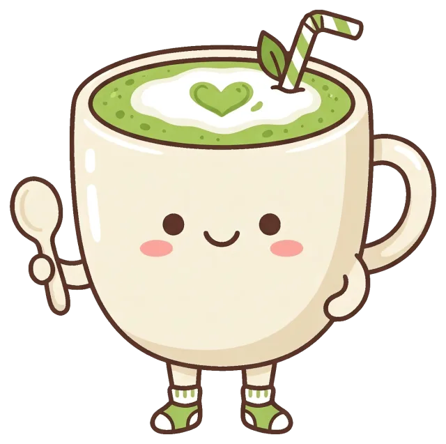Cute matcha latte cup character with spoon and straw