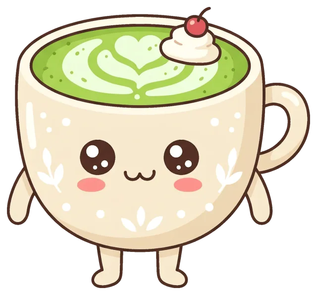 Cute matcha latte cup character with whipped cream and cherry