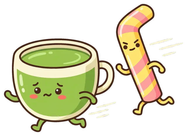 Cute matcha latte cup running away from striped candy stick