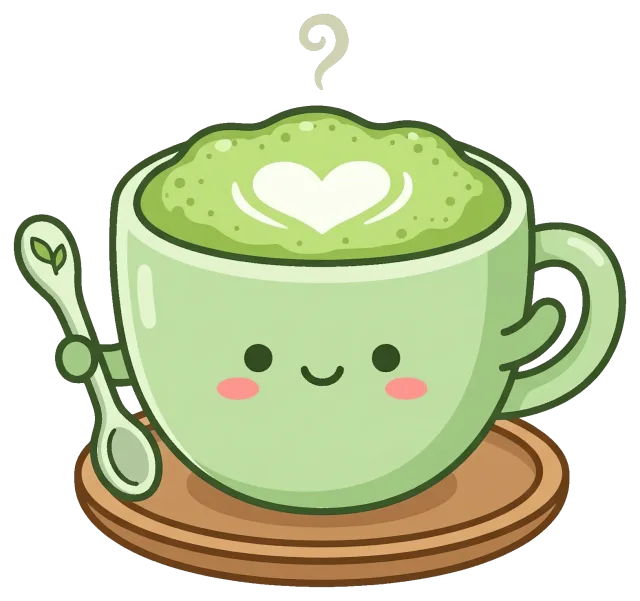 Cute matcha latte cup with heart foam art and smiling face