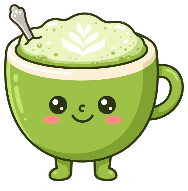 Cute matcha latte cup with smiling face and latte art
