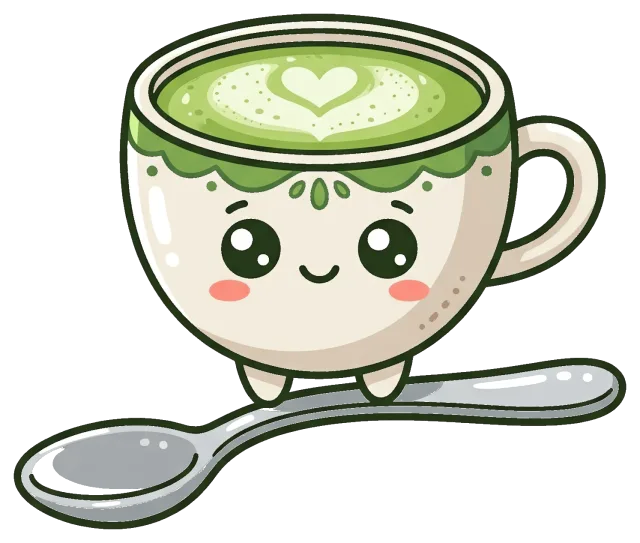 Cute matcha latte cup with smiling face and spoon