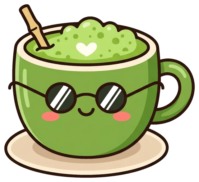 Cute matcha latte cup with sunglasses and heart foam art