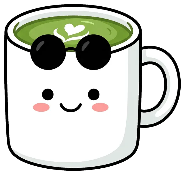 Cute matcha latte cup with sunglasses and smiling face