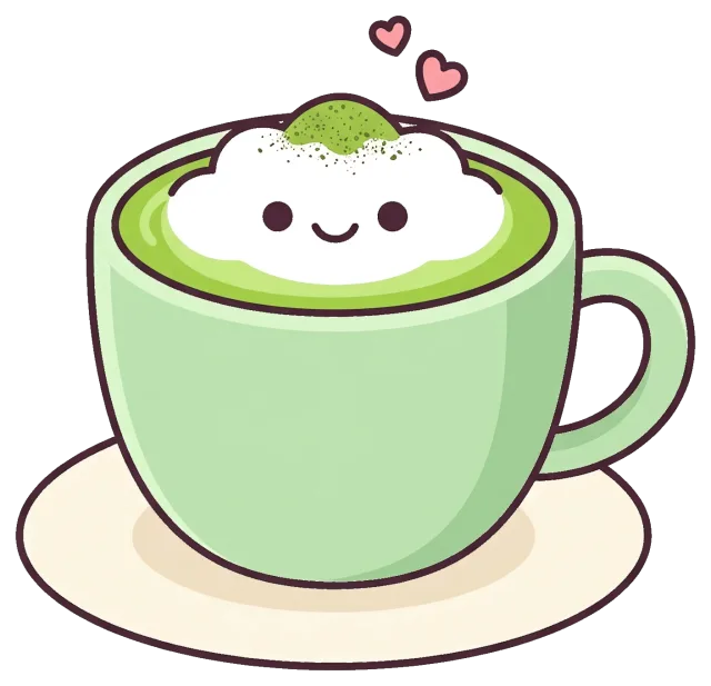 Cute matcha latte with smiling foam and hearts
