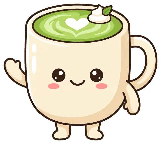 Cute smiling matcha latte cup character with heart latte art