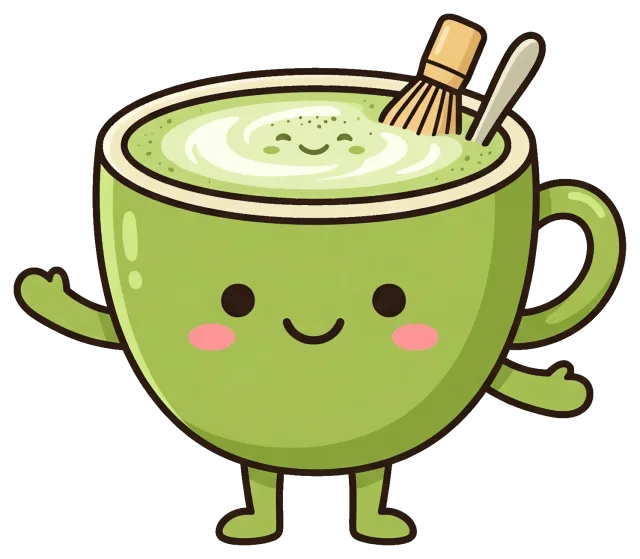 Cute smiling matcha latte cup character with whisk and spoon