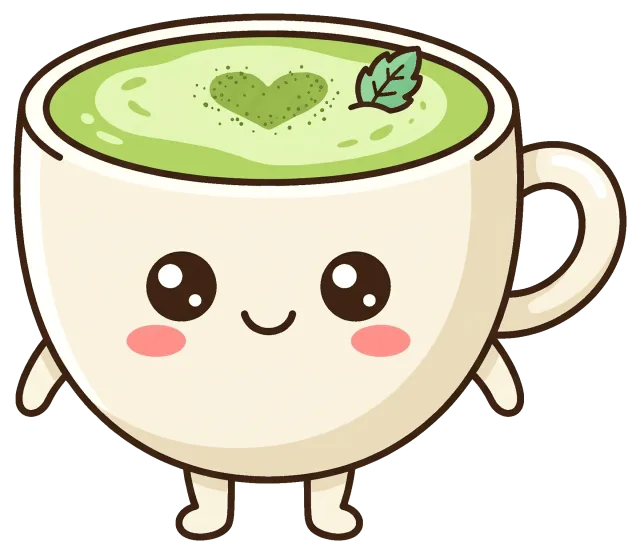 Cute smiling matcha latte cup with heart and leaf design