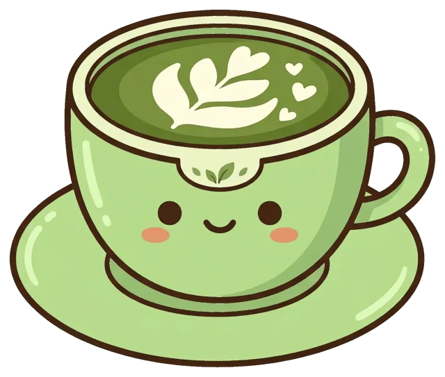 Cute smiling matcha latte cup with latte art and hearts