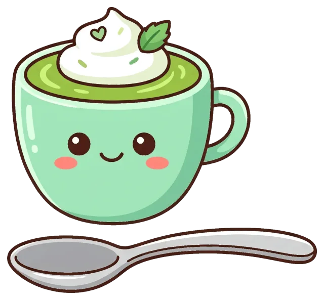 Cute smiling matcha latte cup with whipped cream and spoon