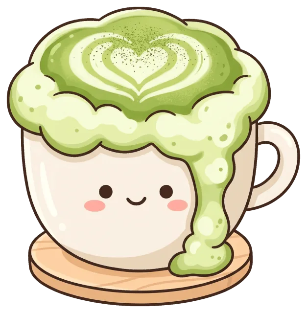 Cute smiling matcha latte with heart foam art
