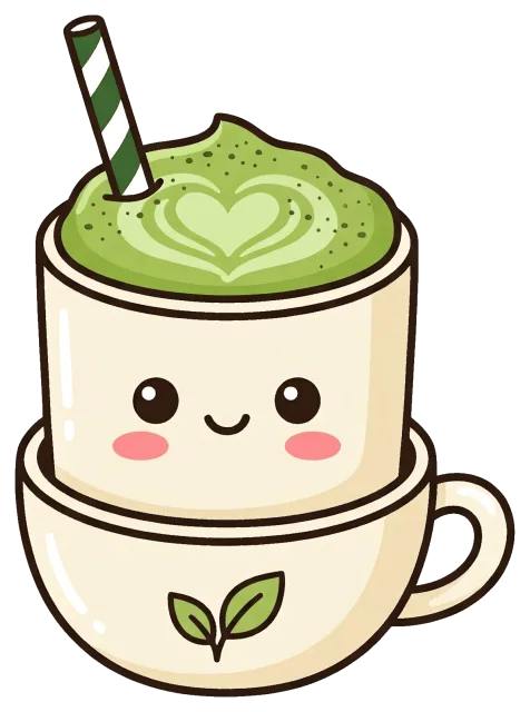 Cute smiling matcha latte with heart foam art and striped straw