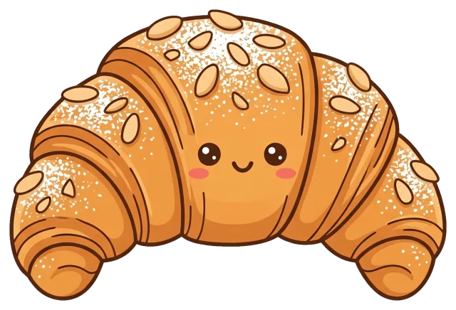 Cute almond croissant cartoon character with smiling face
