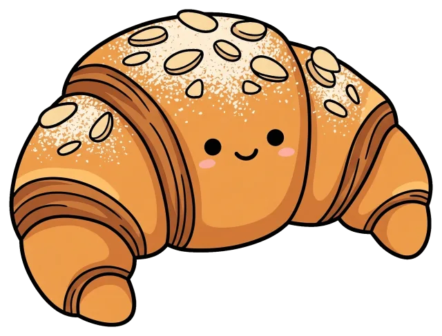 Cute almond croissant cartoon character with smiling face