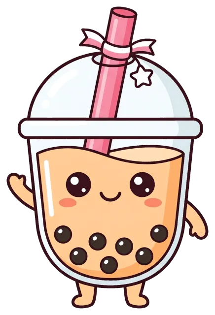 Cute boba tea character with smiling face and pink straw