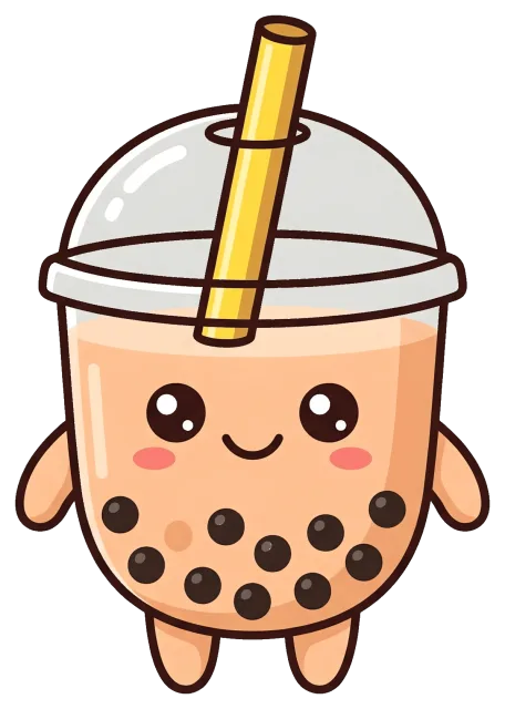 Cute boba tea character with smiling face and straw