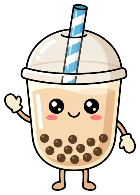 Cute boba tea character with smiling face and striped straw