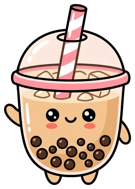 Cute boba tea character with straw and ice cubes