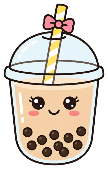 Cute boba tea cup with smiling face and bow on straw