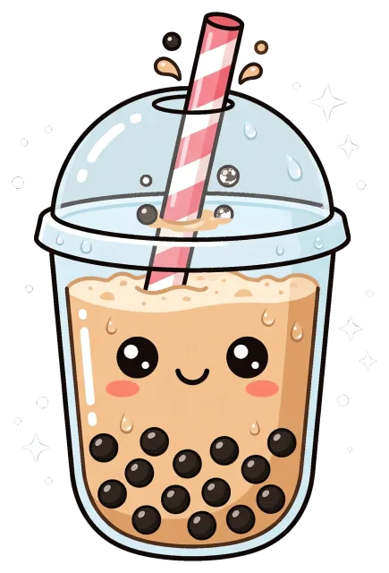 Cute boba tea cup with smiling face and striped straw