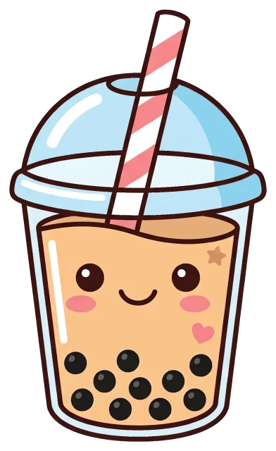 Cute boba tea cup with smiling face and striped straw