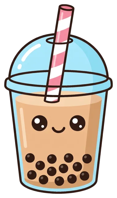Cute boba tea cup with smiling face and striped straw
