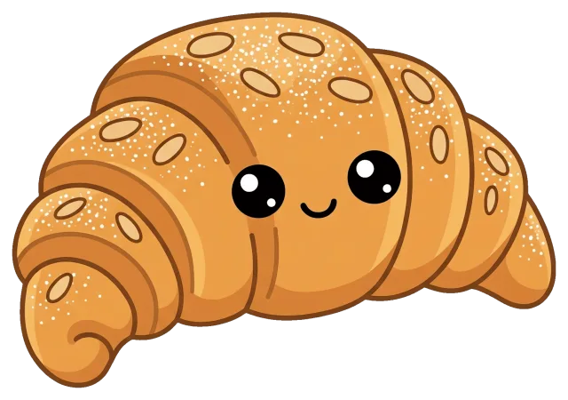 Cute cartoon almond croissant with smiling face