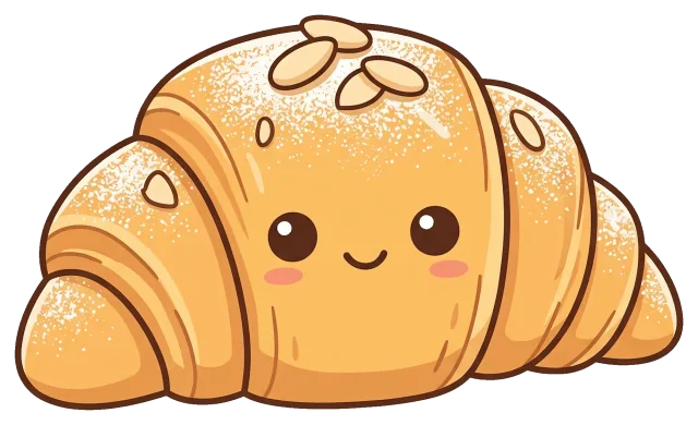 Cute cartoon almond croissant with smiling face