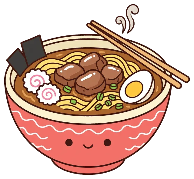 Cute cartoon beef ramen bowl with chopsticks