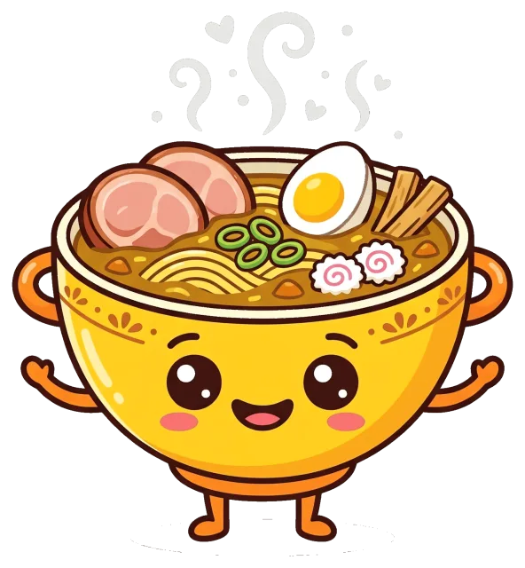 Cute cartoon bowl of curry ramen with smiling face