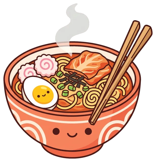 Cute cartoon bowl of kimchi ramen with chopsticks