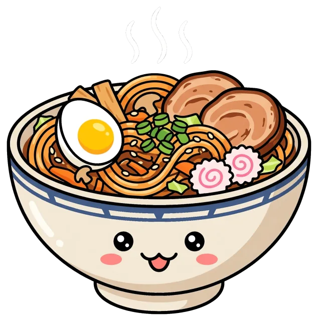 Cute cartoon bowl of ramen with egg and toppings
