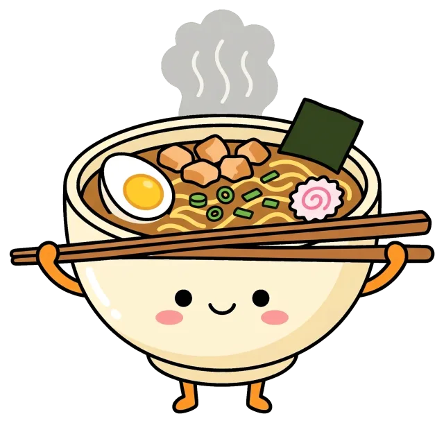 Cute cartoon chicken ramen bowl with chopsticks and steam