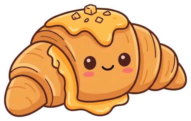 Cute cartoon croissant with melted cheese and smiling face