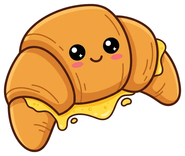 Cute cartoon croissant with melted cheese and smiling face
