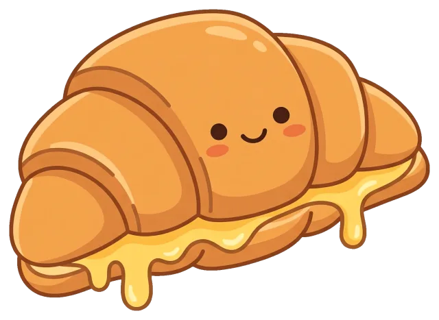 Cute cartoon croissant with melted cheese and smiling face
