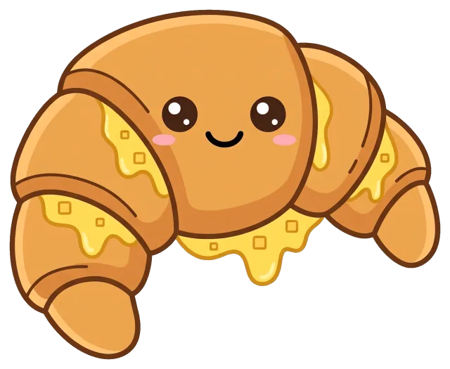 Cute cartoon croissant with melting cheese and smiling face