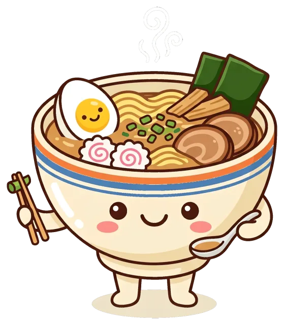 Cute cartoon miso ramen bowl with chopsticks and spoon