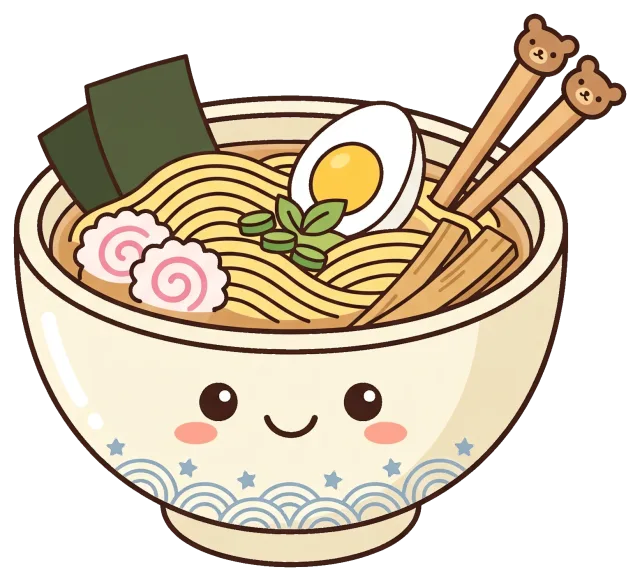 Cute cartoon ramen bowl with chopsticks and toppings