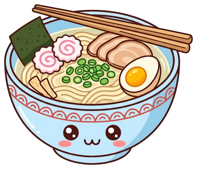 Cute Cartoon Shio Ramen Bowl with Toppings and Chopsticks
