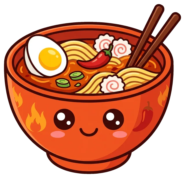 Cute cartoon spicy ramen bowl with egg and chili