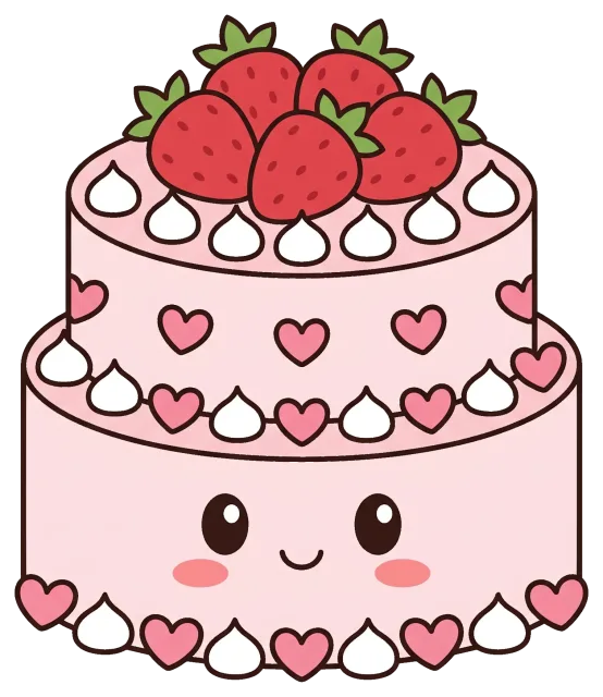 Cute cartoon strawberry cake with hearts and cream