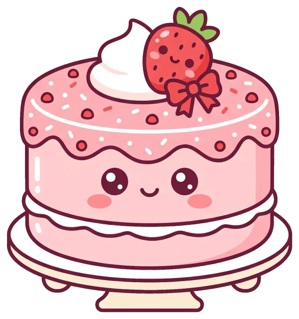 Cute cartoon strawberry cake with smiling face and whipped cream